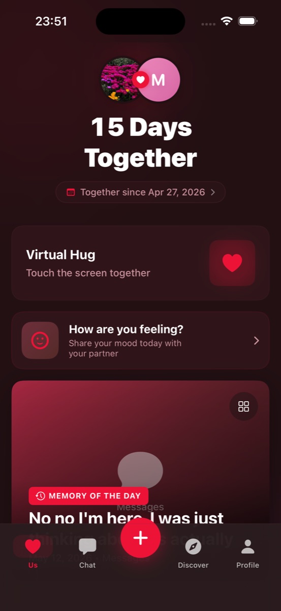 &Eacute;cran d'accueil Adeux v1.6 : compteur de jours, lettre du matin, c&acirc;lin virtuel et acc&egrave;s Memory Lane